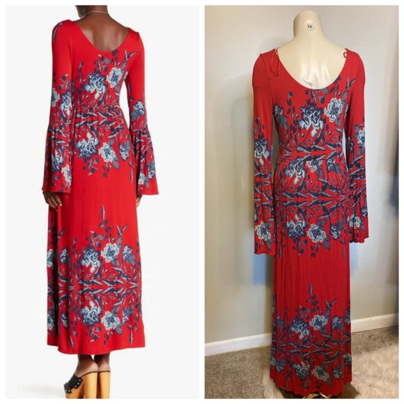 Free People MIDNIGHT GARDEN MAXI DRESS Red Floral Design - Picture 2 of 9